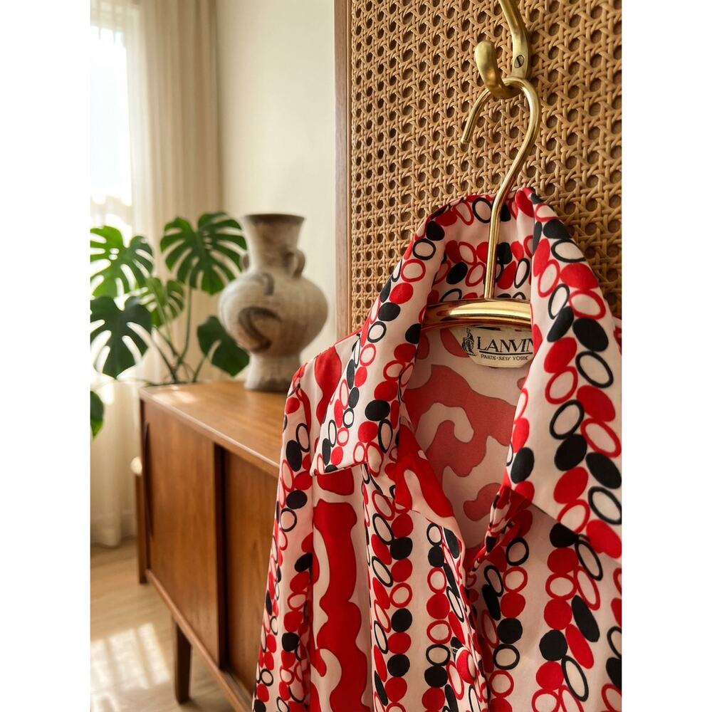 Vintage 60s Lanvin Paris New York Shirt Dress 16 Red Geometric Tie Waist MOD - Picture 5 of 16